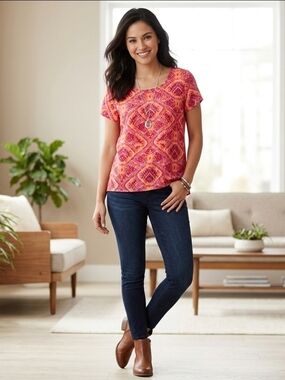 W5 Bright Pink & Orange Printed Short Sleeve Top Small